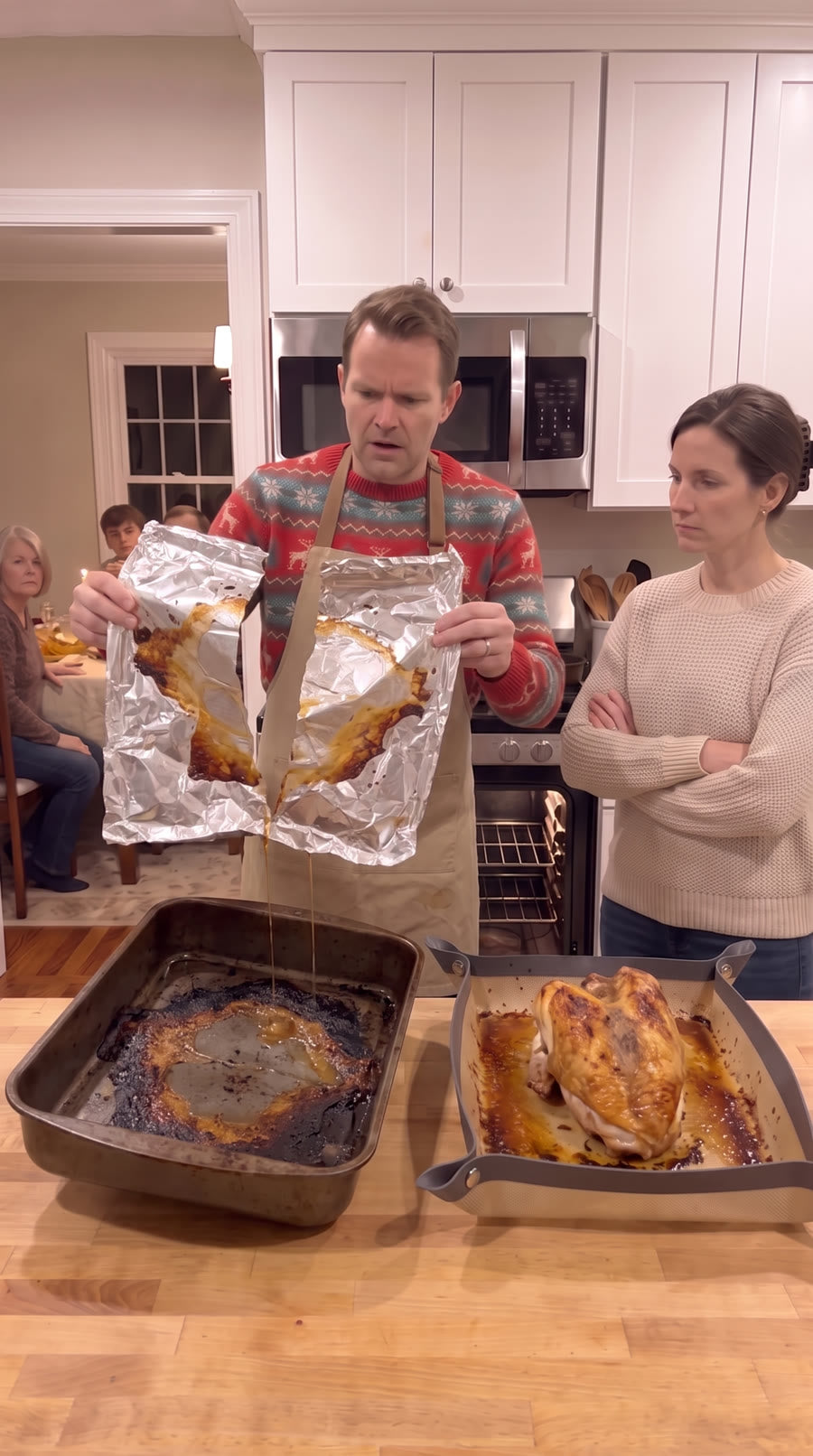Torn foil dripping onto a roasting pan baked black underneath