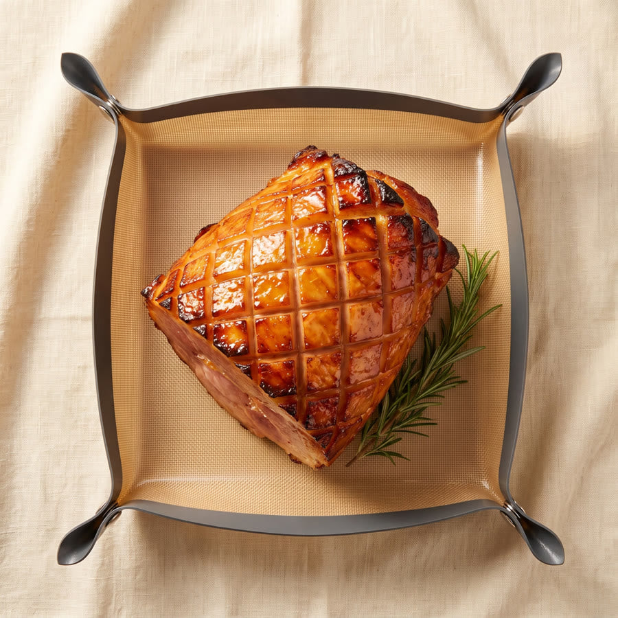 A glazed holiday ham roasted in the snap tray