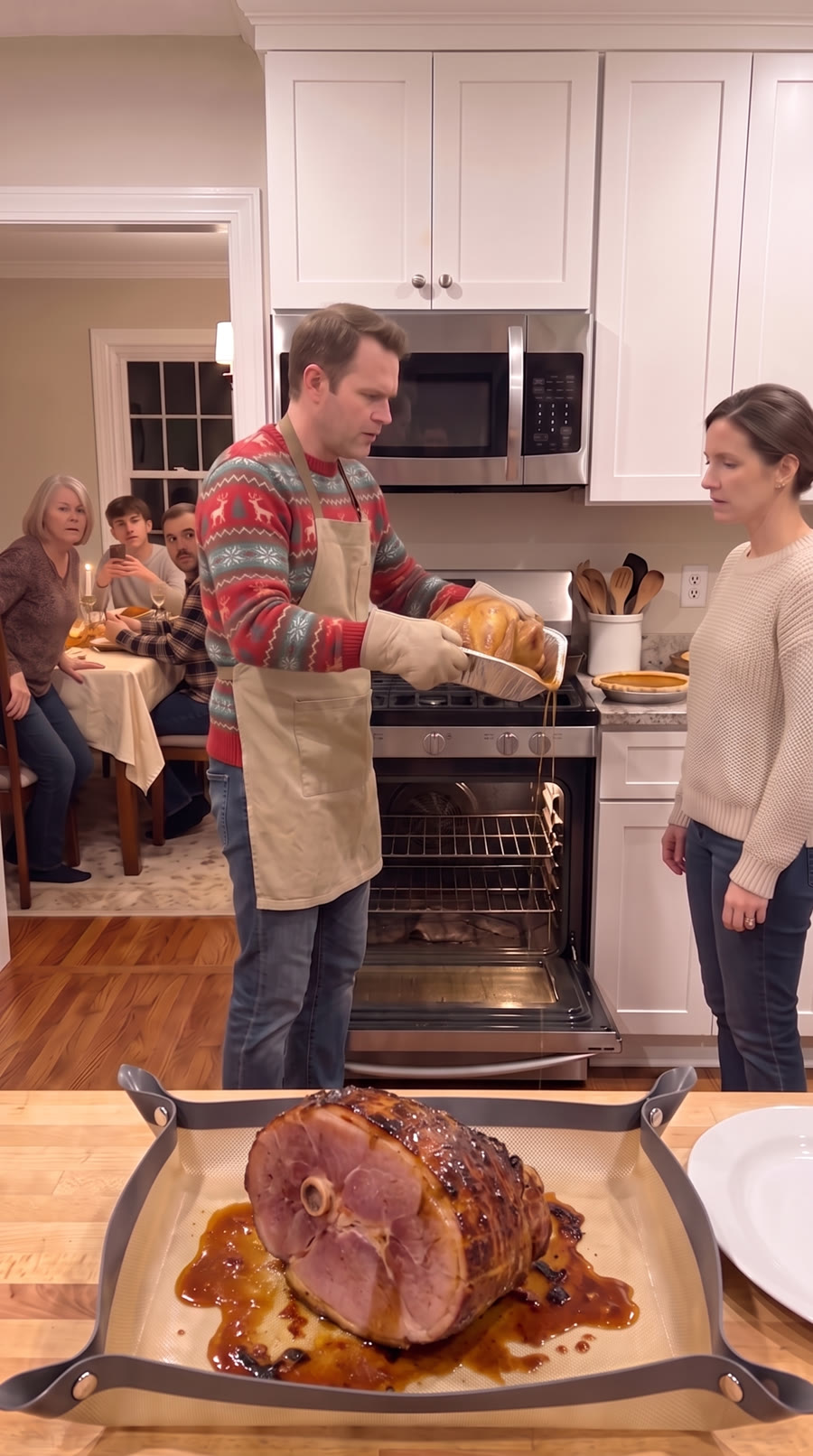 The snap tray on the kitchen island holding a glazed ham